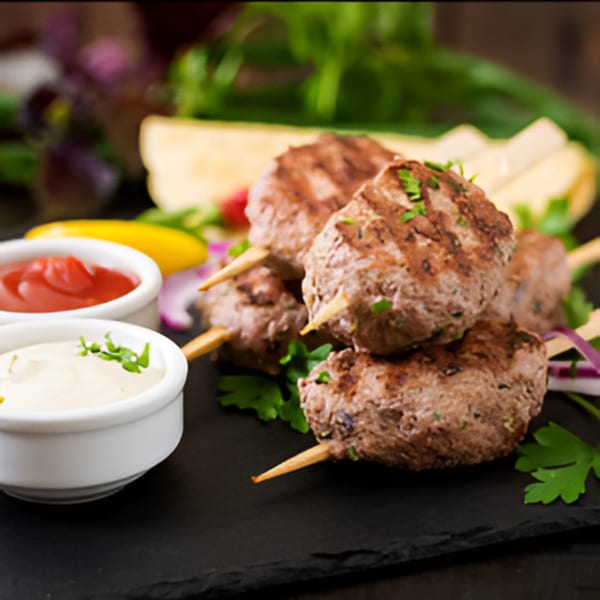 Indian seekh kebabs on skewers with fresh herbs, red onions, and dipping sauces.
