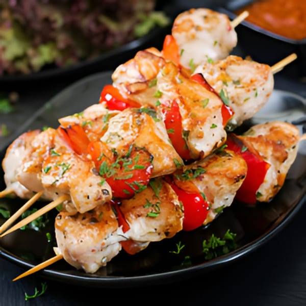 Chicken tikka skewers with red bell peppers and herbs on a black plate, with sauce in the background.